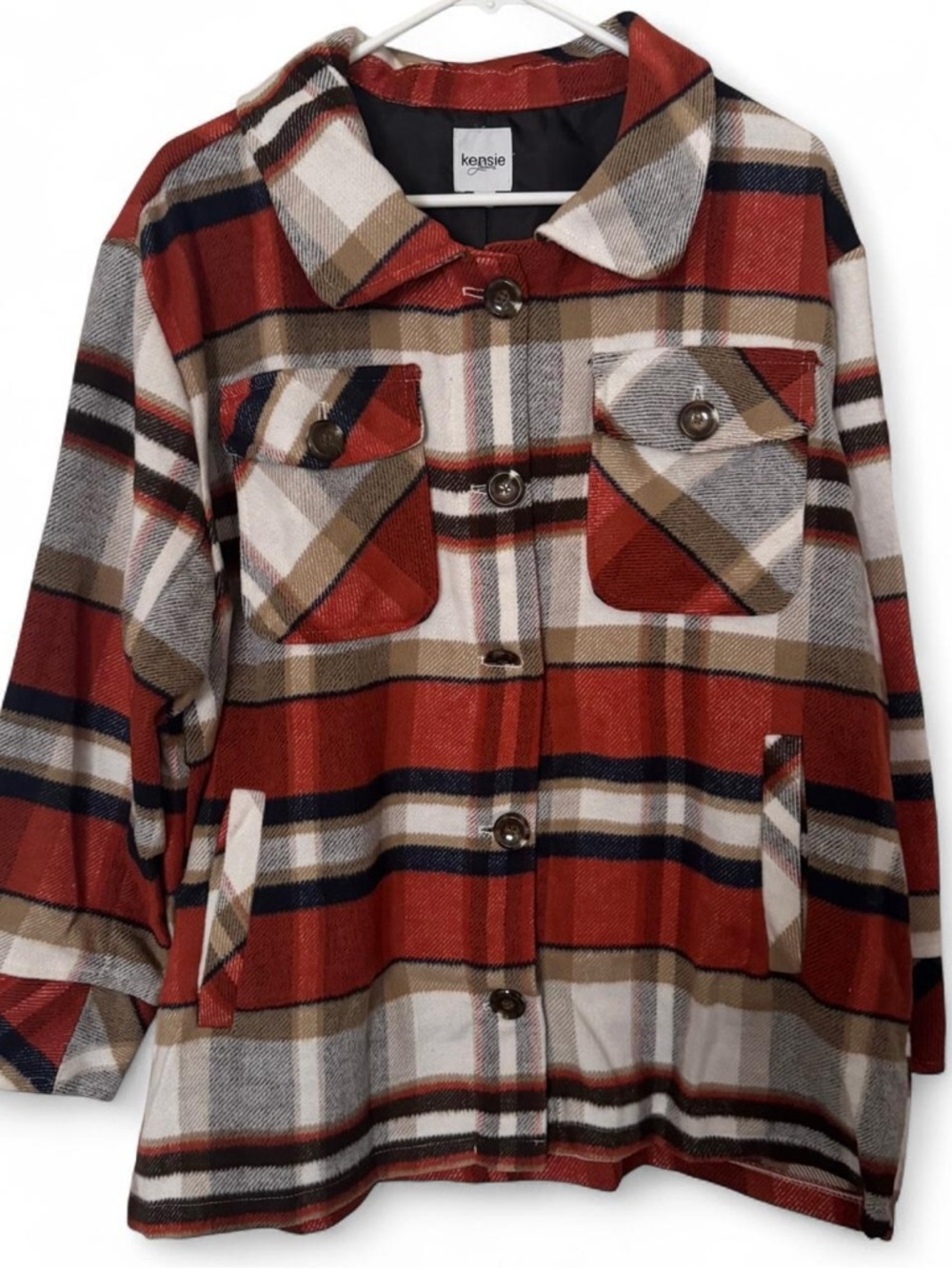 Kensie Rust Cream and Navy Plaid Button-Up Shacket